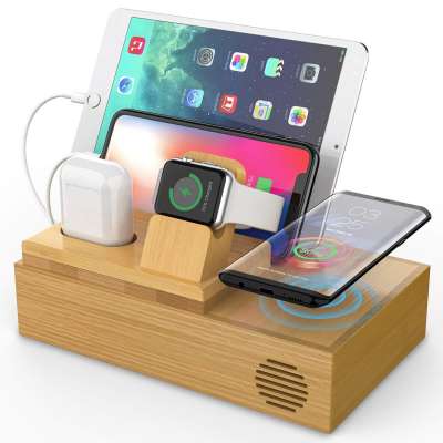 2020 New Design Multifunctional Charging Station Made Of Bamboo Wood 10W Wireless Charging Suitable For Airpods 1-3  Charging